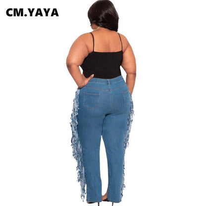 Plus Size Tassel Ripped Mid Waist Jeans