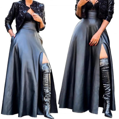 Elegant High Slit Faux Leather Stylish Long Maxi Skirt