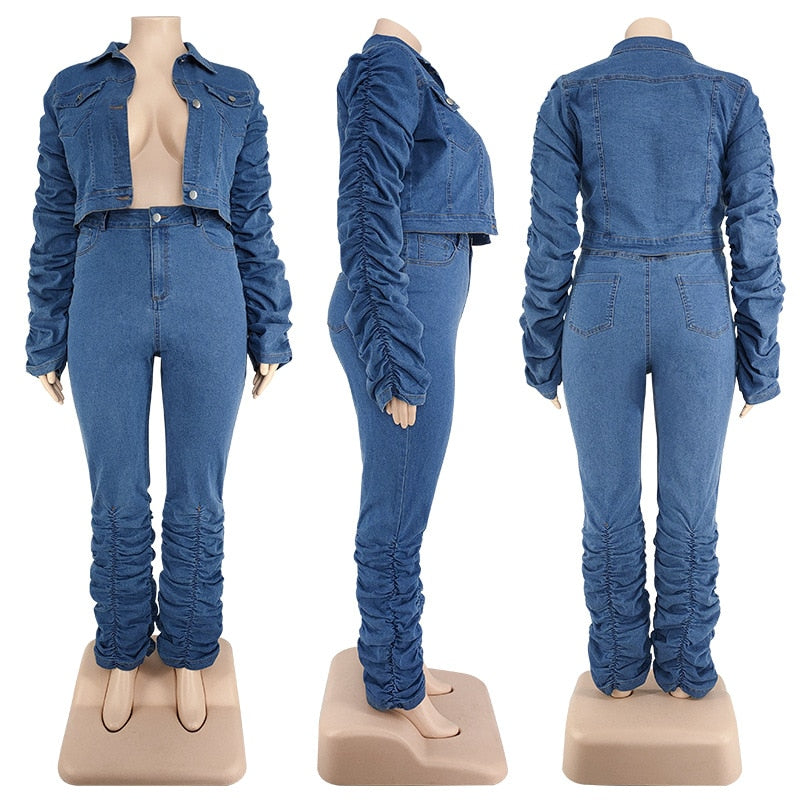 Plus Size Denim Puff Long Sleeve Stretch Stacked Jeans and Jacket Set