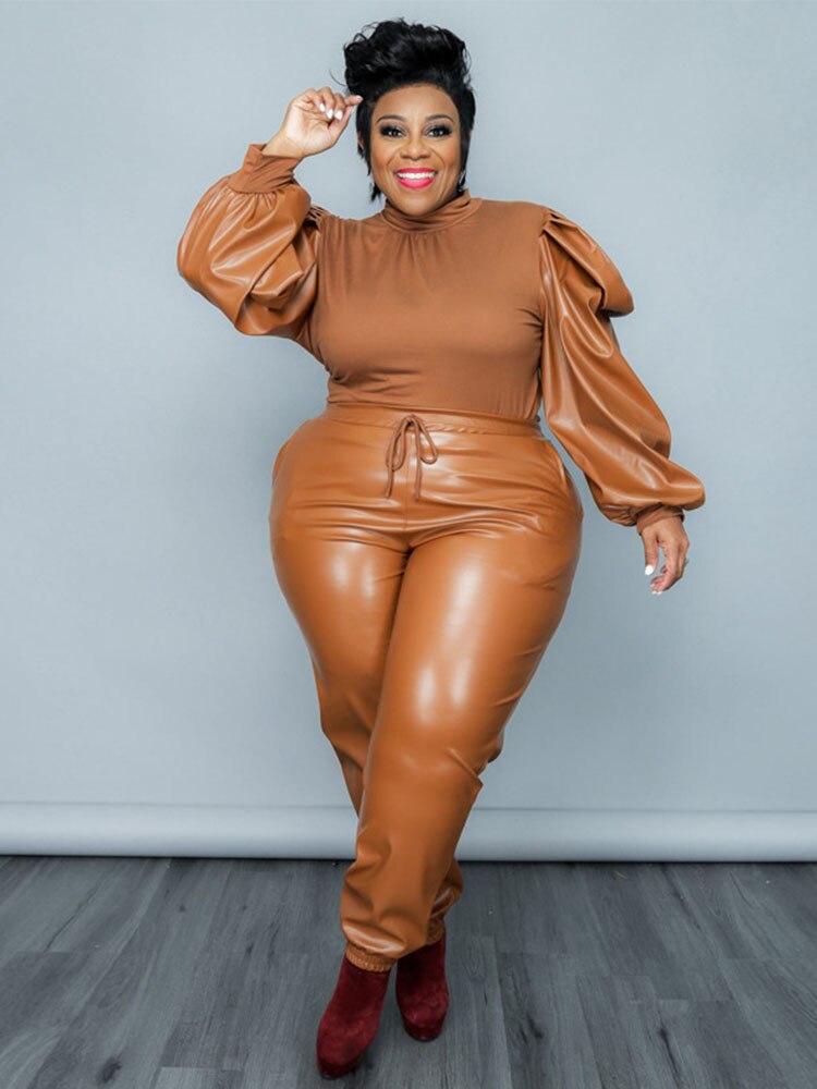 Plus Size Two Piece Knitted Long Sleeve Top and Pant Leather Streetwear Set