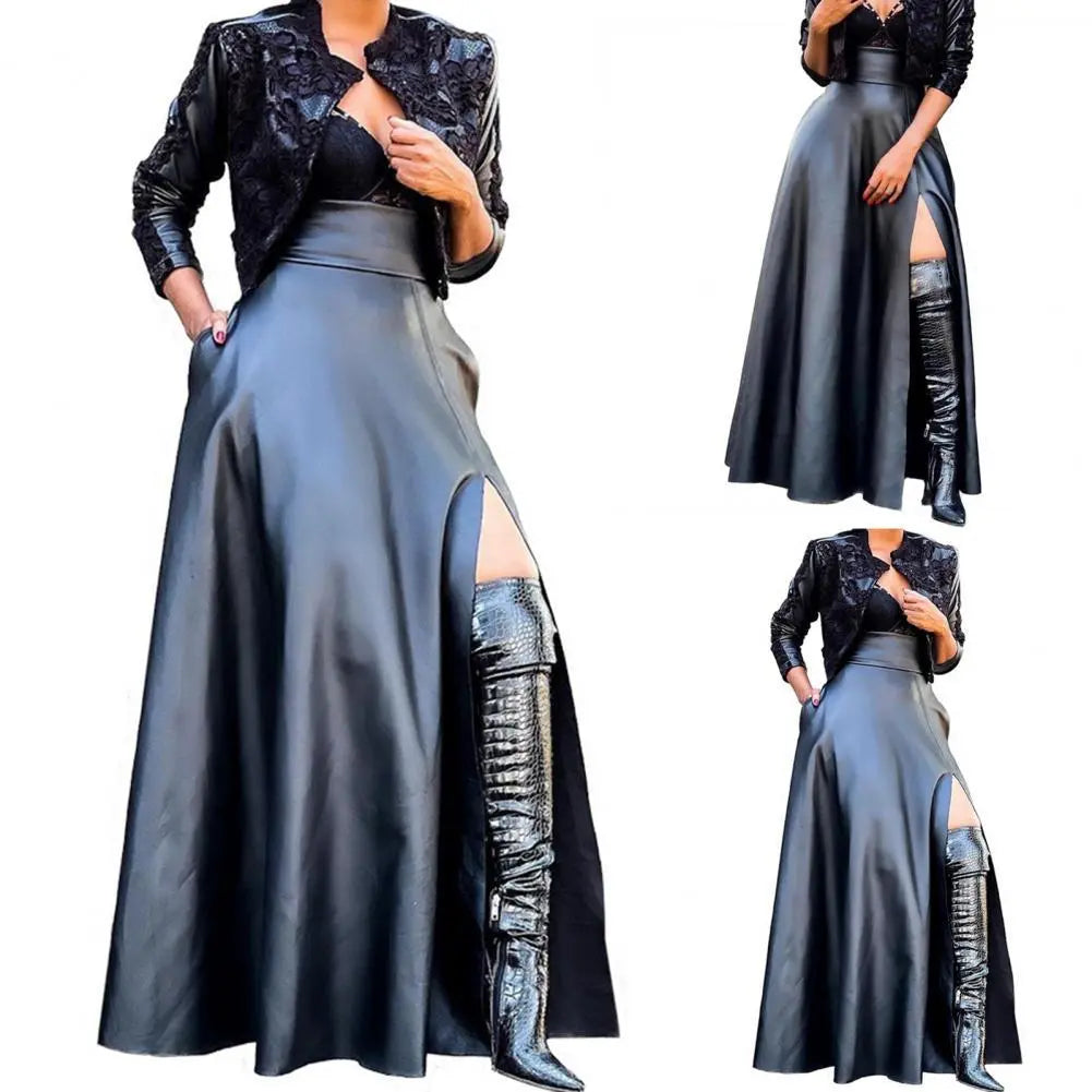 Elegant High Slit Faux Leather Stylish Long Maxi Skirt