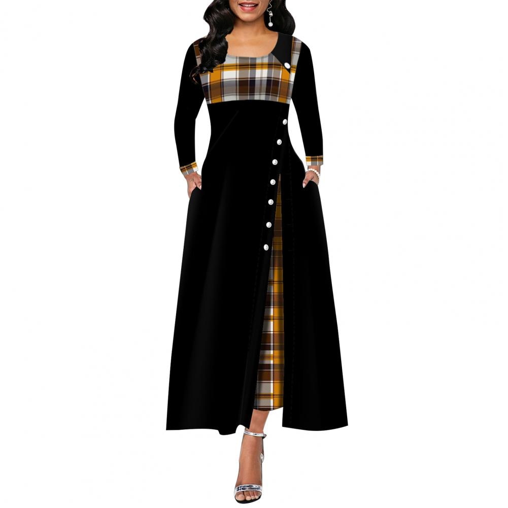 Contrast Colors O Neck Plaid Patchwork Dress