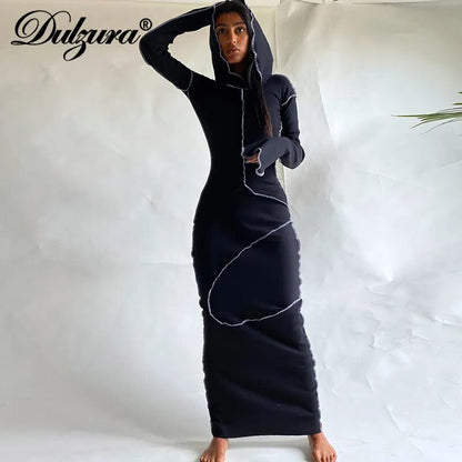 Autumn Patchwork Slit Long Sleeve Hooded Midi Bodycon Dress