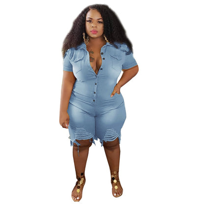 Plus Size Short Sleeve Ripped Denim Jumpsuit