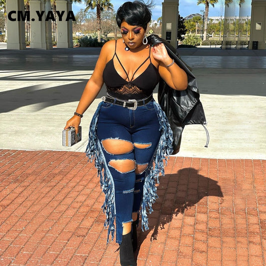 Plus Size Tassel Ripped Mid Waist Jeans