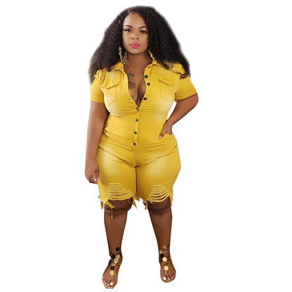 Plus Size Short Sleeve Ripped Denim Jumpsuit