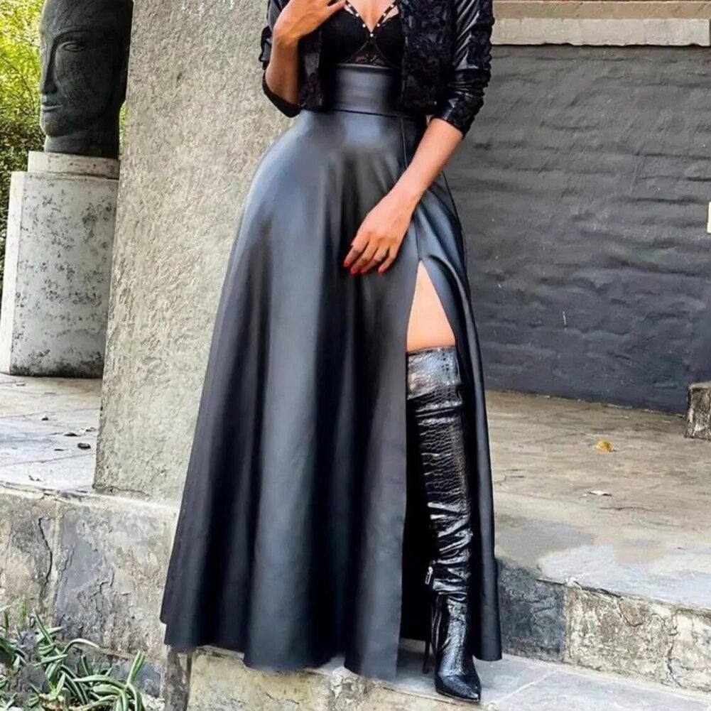 Elegant High Slit Faux Leather Stylish Long Maxi Skirt