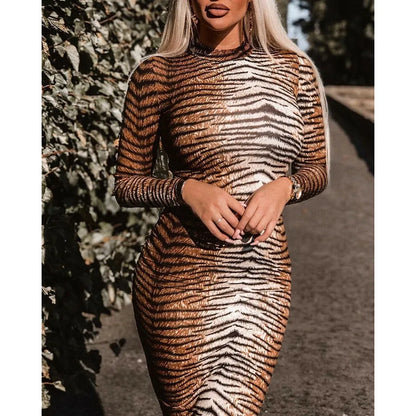 Sexy Tiger Print High Neck Long Sleeve Evening Dress