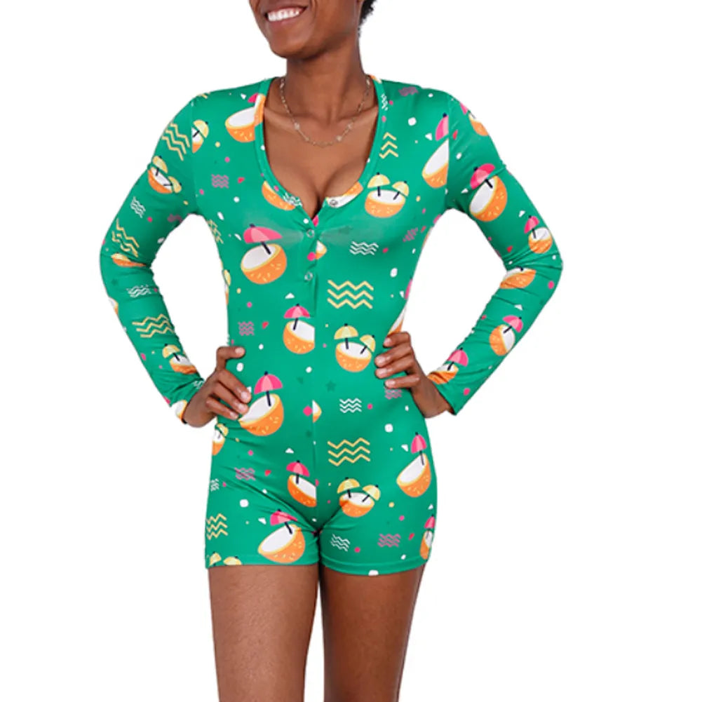 Long Sleeve Button Deep V Neck Stretch Leotard Onesie Pajamas