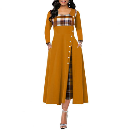 Contrast Colors O Neck Plaid Patchwork Dress