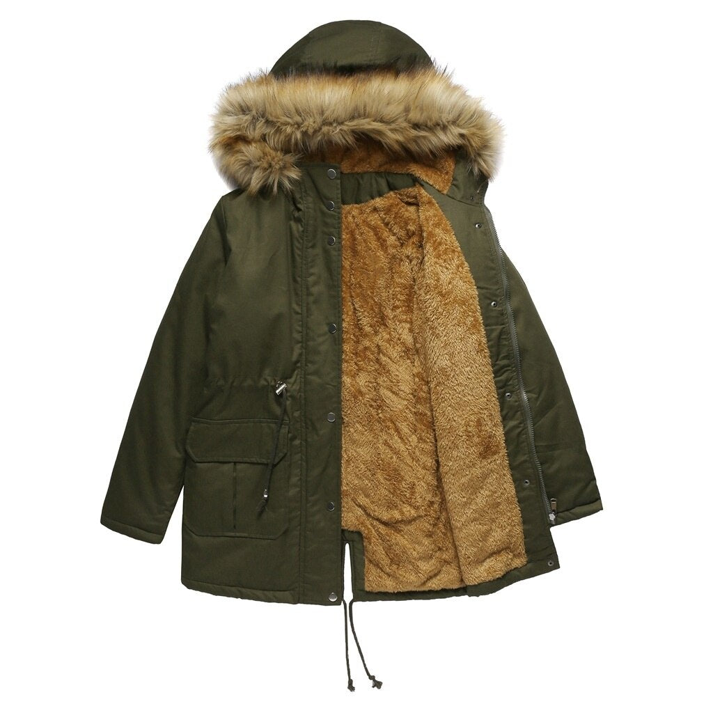 Plus Size Thick Warm Parka with Faux Fur Collar