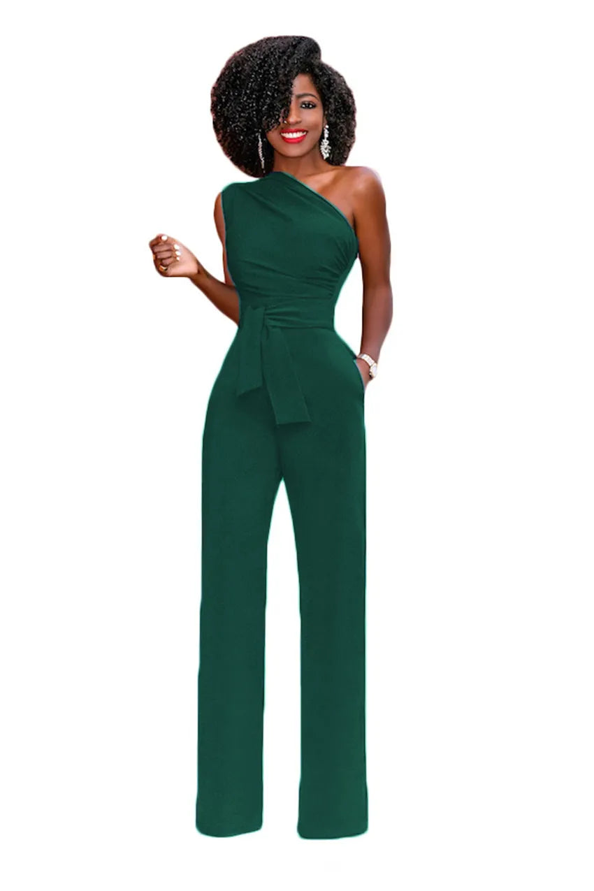 Elegant Sexy One Shoulder Belted Wide Leg Jumpsuit