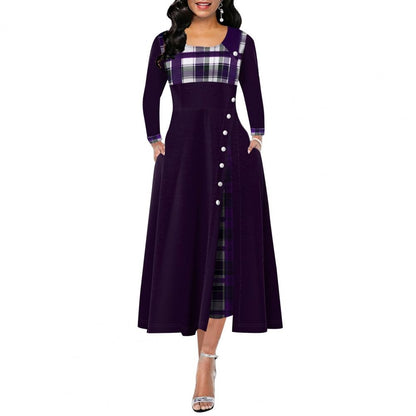 Contrast Colors O Neck Plaid Patchwork Dress