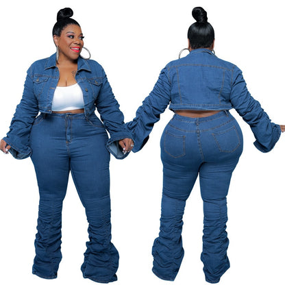 Plus Size Denim Puff Long Sleeve Stretch Stacked Jeans and Jacket Set