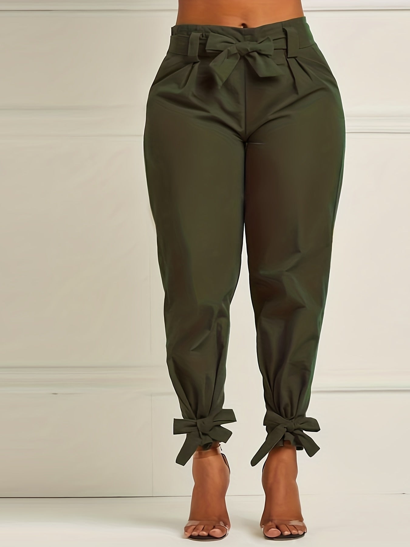 Plus Size Bow Tie Waistband Stretch Tapered Leg Pants