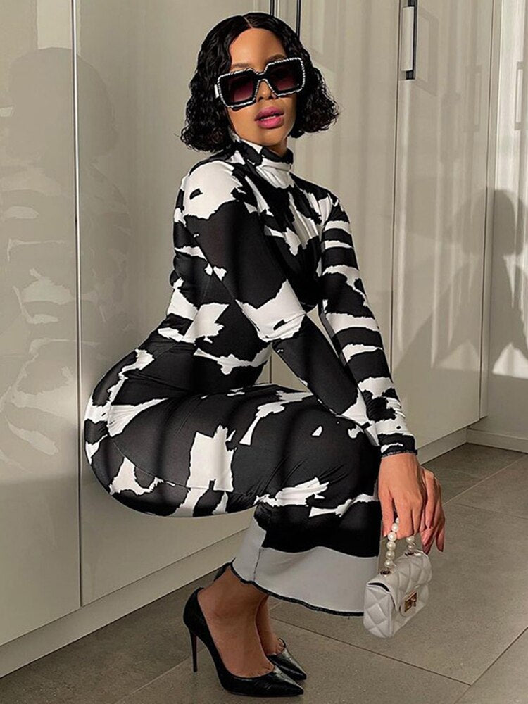 Long Sleeve Turtleneck Cow Print Dress