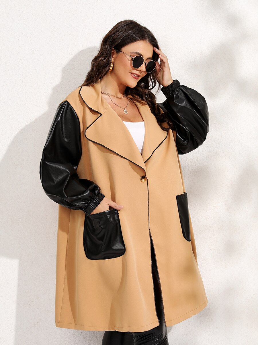 Plus Size Winter Color Block Double Pocket Loose Coat