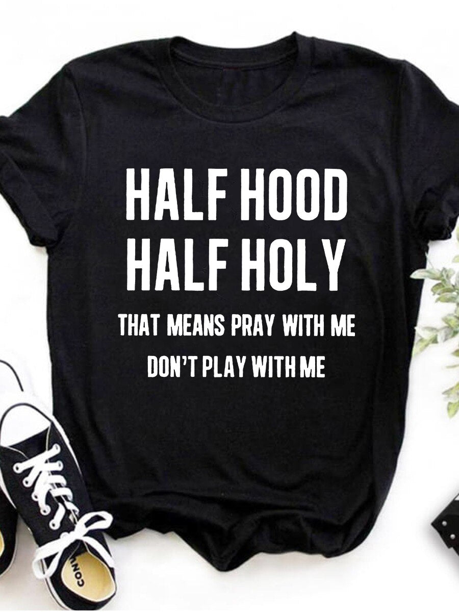 Plus Size Half Hood Letter Print Round Neck T-shirt