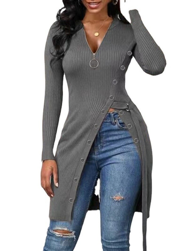 Sexy Long V-Neck Screw Thread Casual Fashion Top