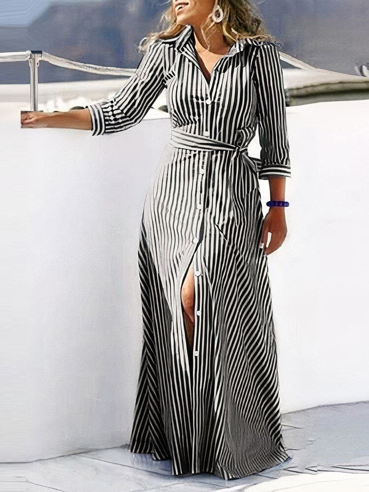 Long Sleeve Elegant Belted Long Dress