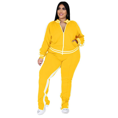 Plus Size Two Piece Zip Striped Top Slit Jogger Set