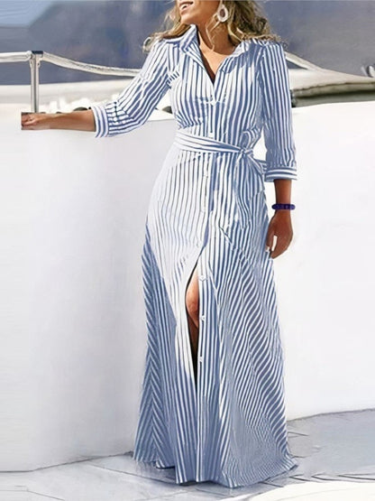 Long Sleeve Elegant Belted Long Dress