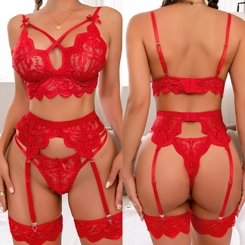 Bra And Panty with Garters 3pcs See Through Set