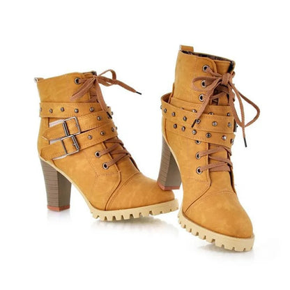 ENMAYER Lace Up Waterproof High Heel Platform Ankle Boots