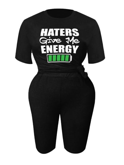 Plus Size Haters Give Me Energy Letter Print Shorts Set