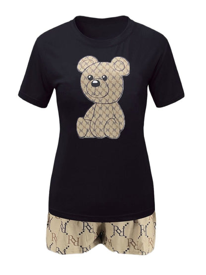 Geometric Bear Print Shorts Set