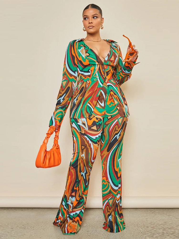 Plus Size 2 Piece Top And Flare Pants Suit