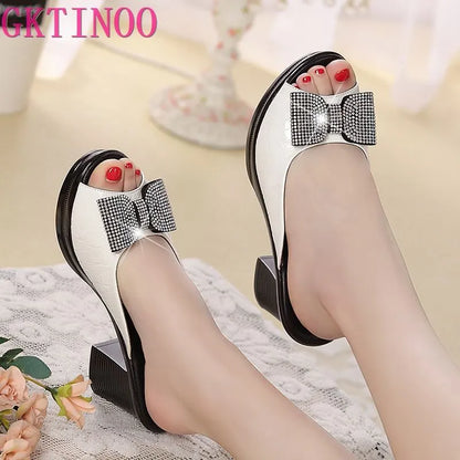 Leather Rhinestone Thick High-Heeled Color Block Open Toe Heels