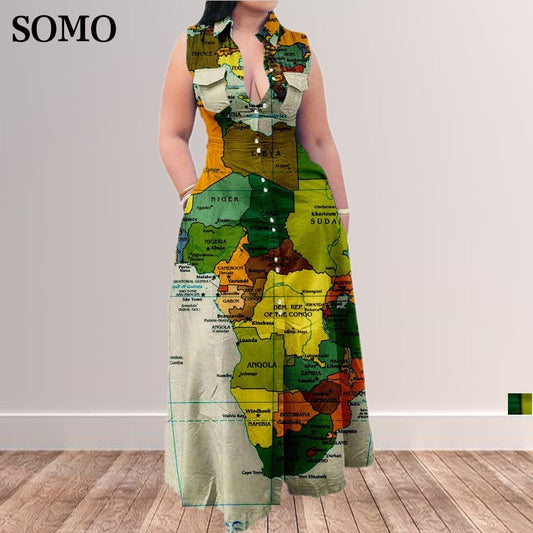 Plus Size Casual Map Printing Sleeveless Maxi Dress Women