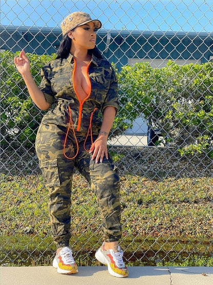 Plus Size Streetwear One Piece Camouflage Jumpsuit