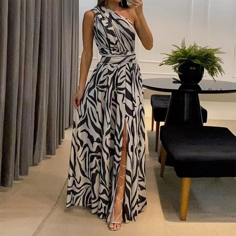 One Shoulder Slit Backless Nipped Waist Dress