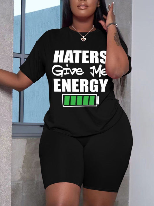 Plus Size Haters Give Me Energy Letter Print Shorts Set