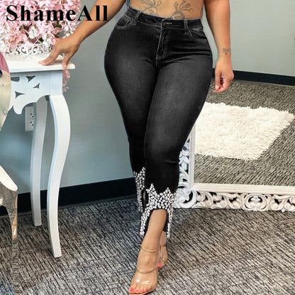 Plus Size Rhinestone Beading Skinny Ankle Length Pencil Jeans