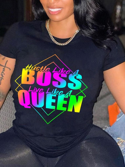 Plus Size Gradient Queen Rainbow Letter Print Short Sleeve T-shirt