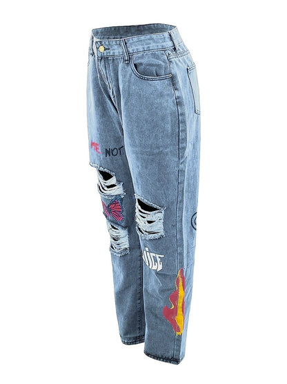 Butterfly Letter Print Ripped Jeans