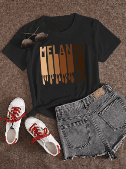 Plus Size Round Neck Short Sleeve Melanin Letter Print T-shirt