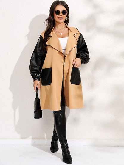 Plus Size Winter Color Block Double Pocket Loose Coat