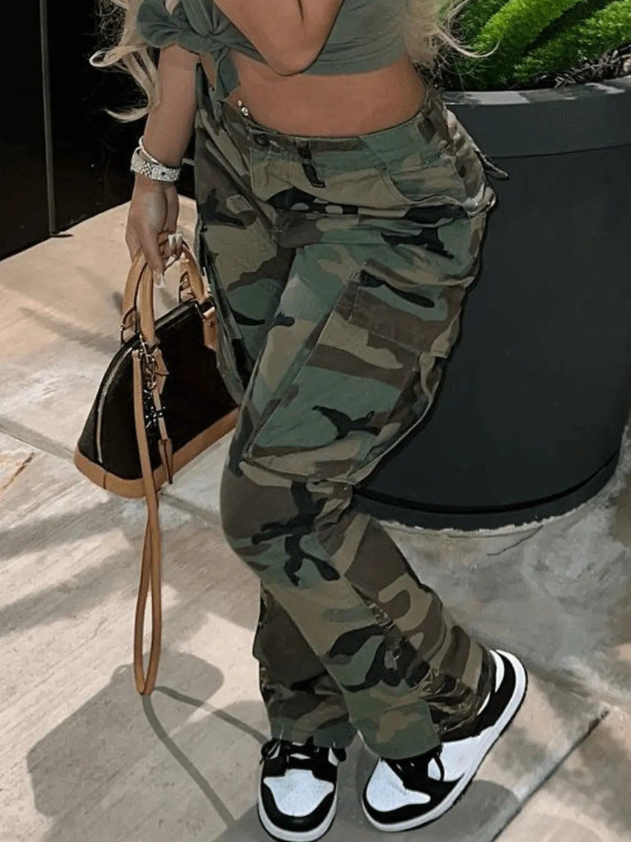 Camo Print Side Pocket Cargo Camouflage Pants