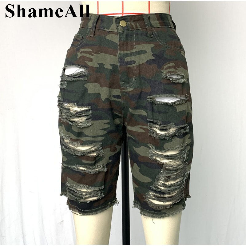 Plus Size Streetwear Ripped Skinny Camouflage Cutoff Jeans