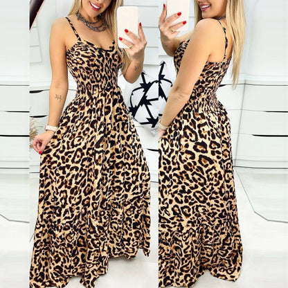 Leopard Print V-Neck Sexy Long Backless Dress