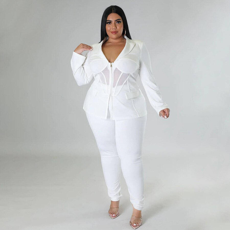 Plus Size See Through V Neck Jackets And Pants Set