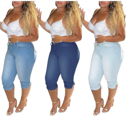 Plus Size Vintage Mid Blue Stretchy 3/4 Leggings Capris