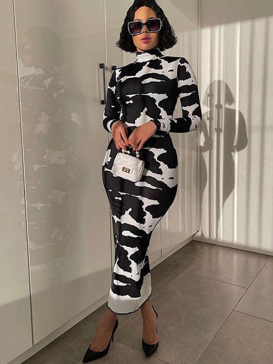 Long Sleeve Turtleneck Cow Print Dress