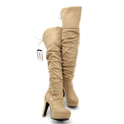 ENMAYER Over-the-Knee Flock Tasseled Round Toe Boots