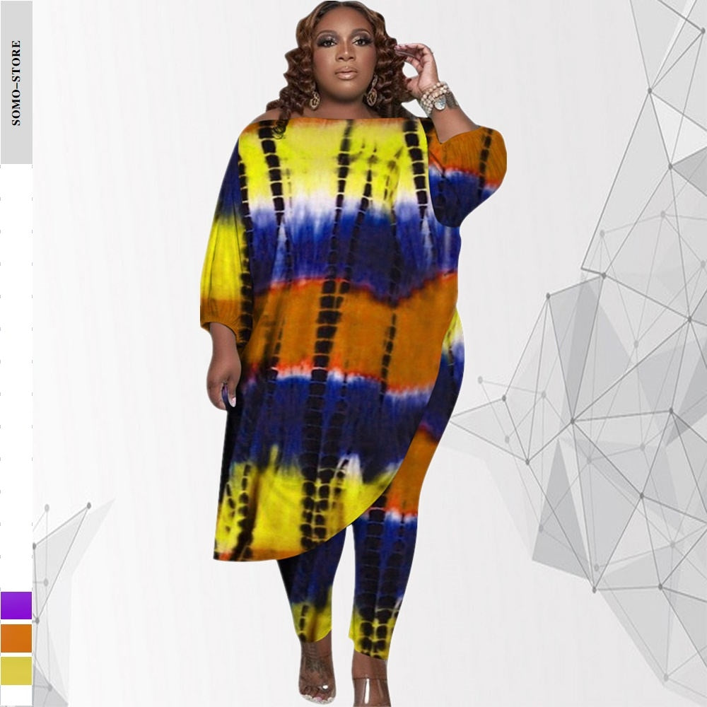 Plus Size Tie Dye Print Loose Oblique Irregular Two Piece Set