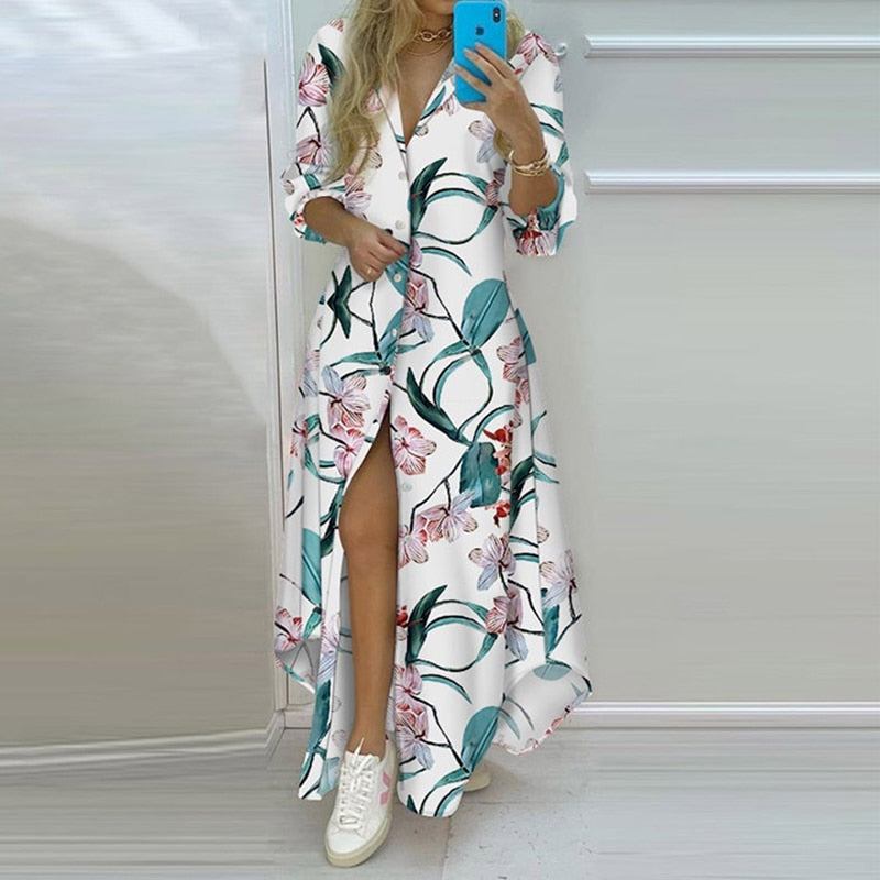 BoHo Printed Turn-down Collar Long Sleeve Dress